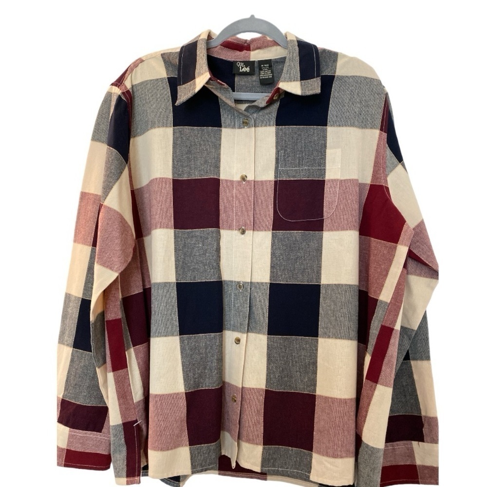 Ms Lee shirt, all cotton, plaid button down. Red, maroon, cream and black.